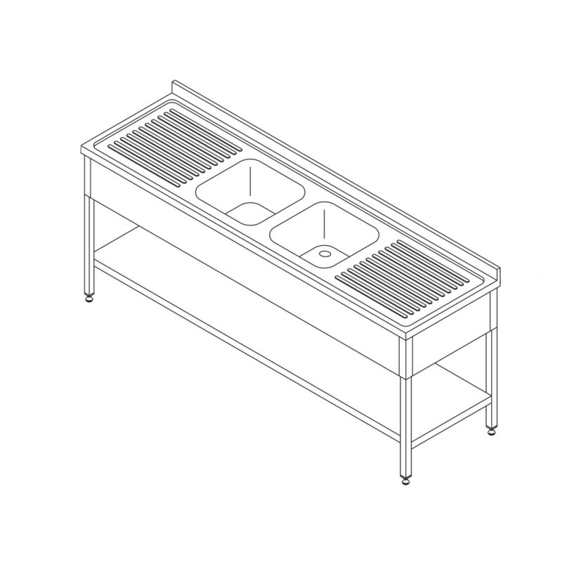 Dishwasher Table - 210 x 70cm - with 2 Sinks and Backsplash - incl Storage Shelf