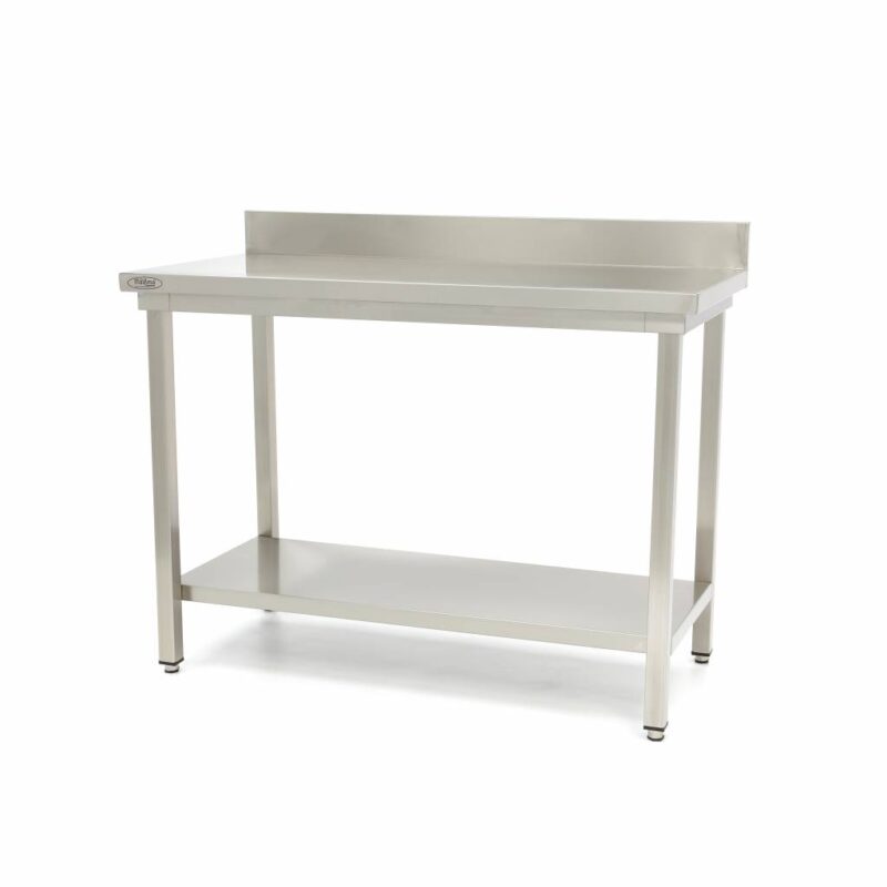 Stainless Steel Table - 100 x 60cm - Adjustable Height - with Backsplash and Storage Shelf