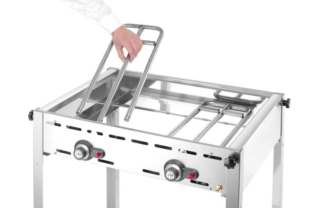 Dujinis 2 degiklių grilis Green Fire Profi Line, HENDI, Profi Line, Emaliuota ketaus keptuvė ir grotelės GN 1/1, 11,6kW, 740x615x(H)825mm