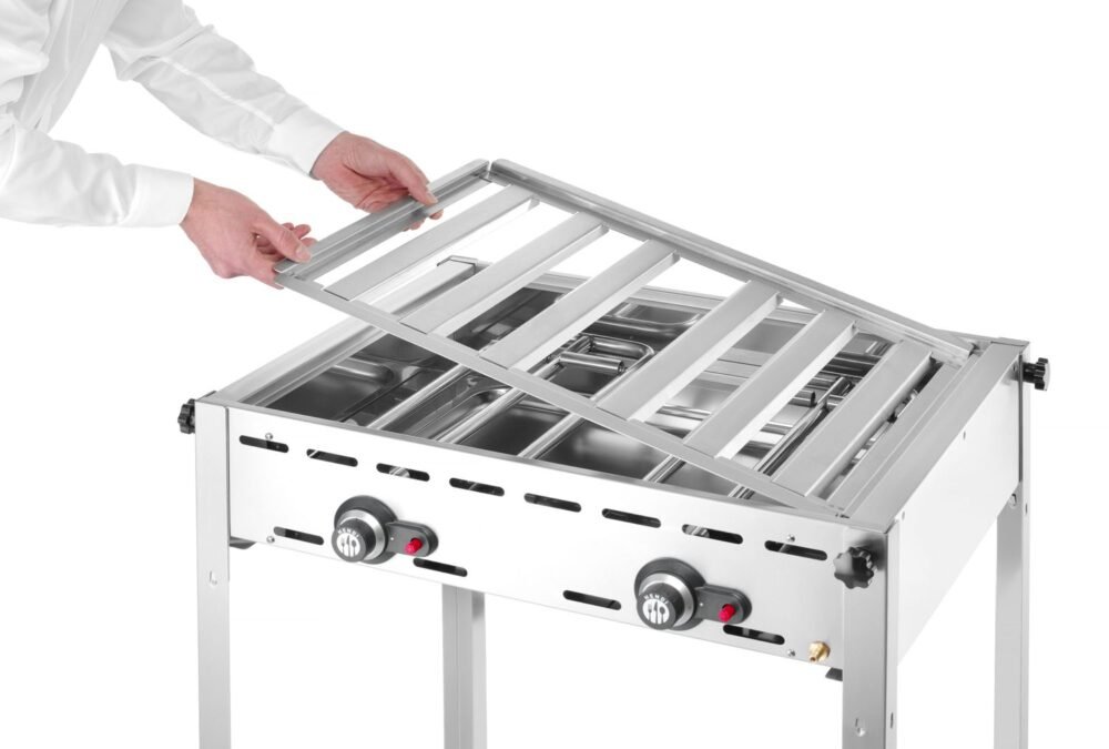 Dujinis 2 degiklių grilis Green Fire Profi Line, HENDI, Profi Line, Emaliuota ketaus keptuvė ir grotelės GN 1/1, 11,6kW, 740x615x(H)825mm