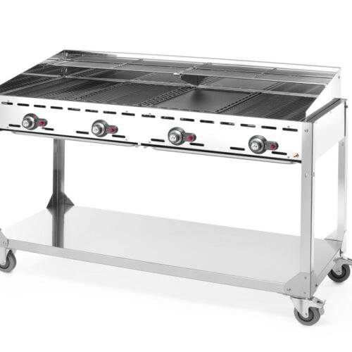 Dujinis 4 degiklių grilis Green Fire Profi Line, HENDI, Profi Line, Išmontuojamas stovas su lentyna, Šviesiai pilkas, 22kW, 1400x612x(H)825mm