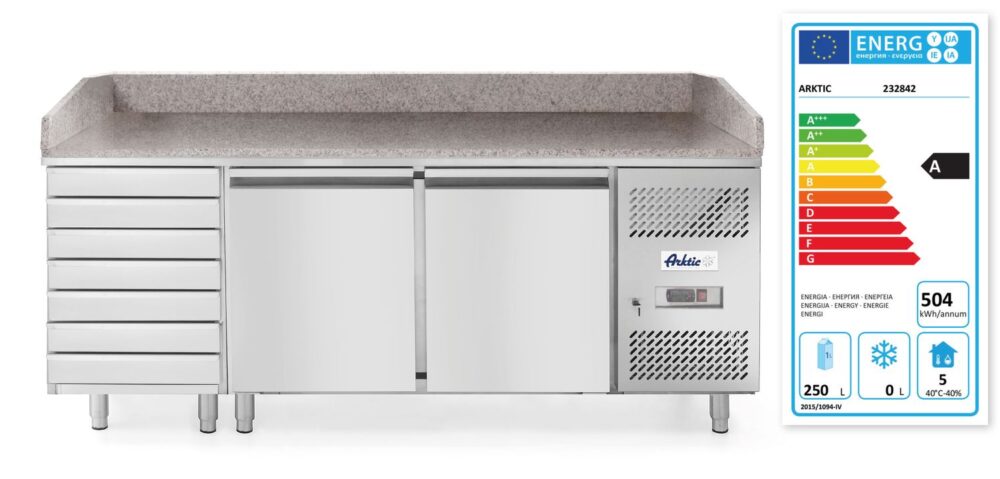 2 durų šaldymo stalas picai su 7 skyriais ir stalviršiu iš granito, Arktic, 250L, 230V/250W, 2020x802x(H)1000mm