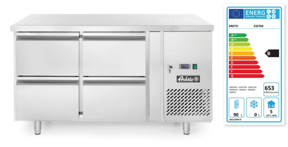 Aušinimo stalas su 4 lentynomis ir šone esančiu agregatu, Arktic, Profi Line, 230V/250W, 1360x700x(H)858mm
