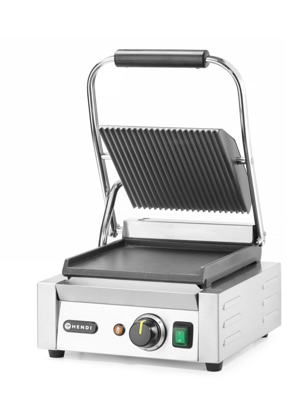 Vienpusis kontaktinis grilis, HENDI, rifliuotas viršus ir lygi apačia, 230V/1800W, 310x375x(H)216mm