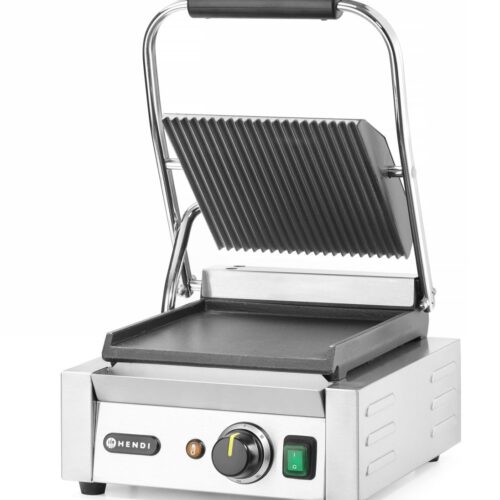 Vienpusis kontaktinis grilis, HENDI, rifliuotas viršus ir lygi apačia, 230V/1800W, 310x375x(H)216mm