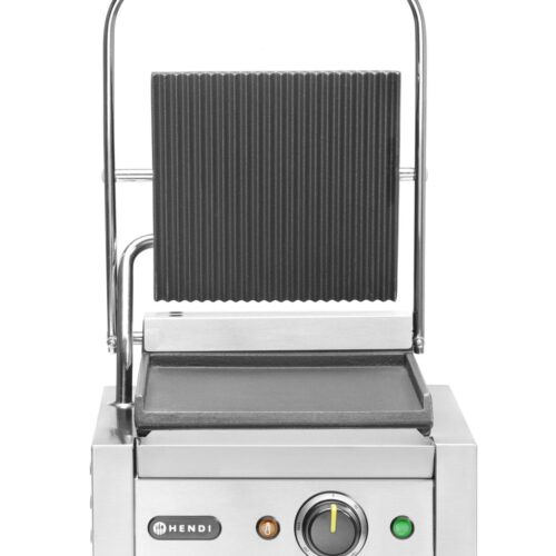Vienpusis kontaktinis grilis, HENDI, rifliuotas viršus ir lygi apačia, 230V/1800W, 310x375x(H)216mm