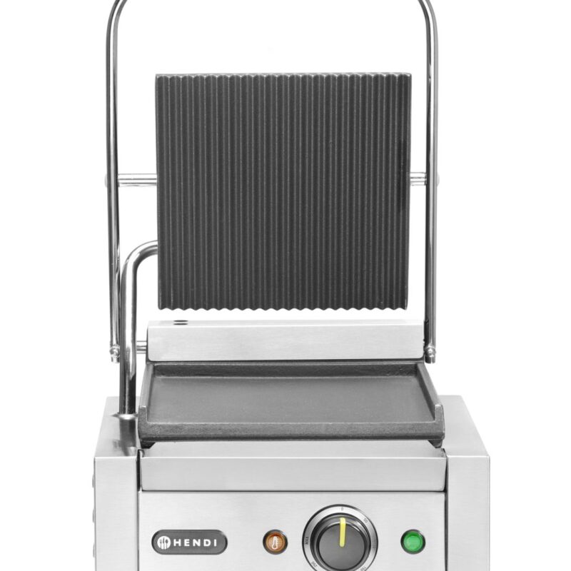 Vienpusis kontaktinis grilis, HENDI, rifliuotas viršus ir lygi apačia, 230V/1800W, 310x375x(H)216mm