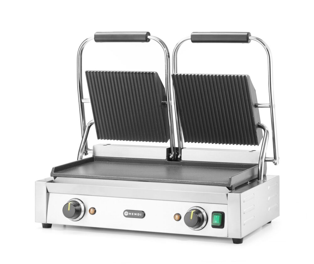 Dvigubas kontaktinis grilis, HENDI, rifliuotas viršus ir lygi apačia, 230V/3600W, 570x375x(H)216mm