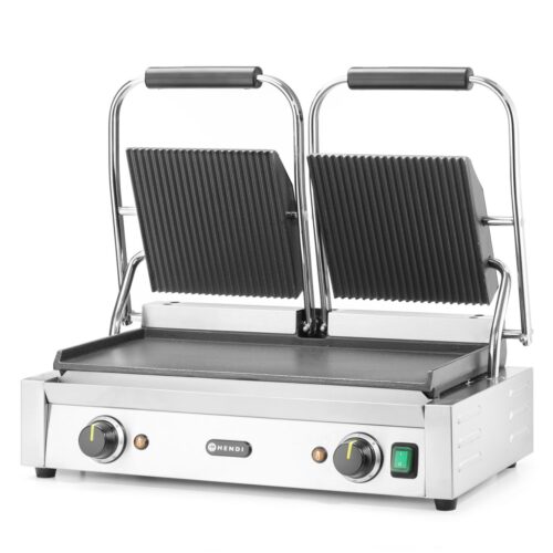 Dvigubas kontaktinis grilis, HENDI, rifliuotas viršus ir lygi apačia, 230V/3600W, 570x375x(H)216mm