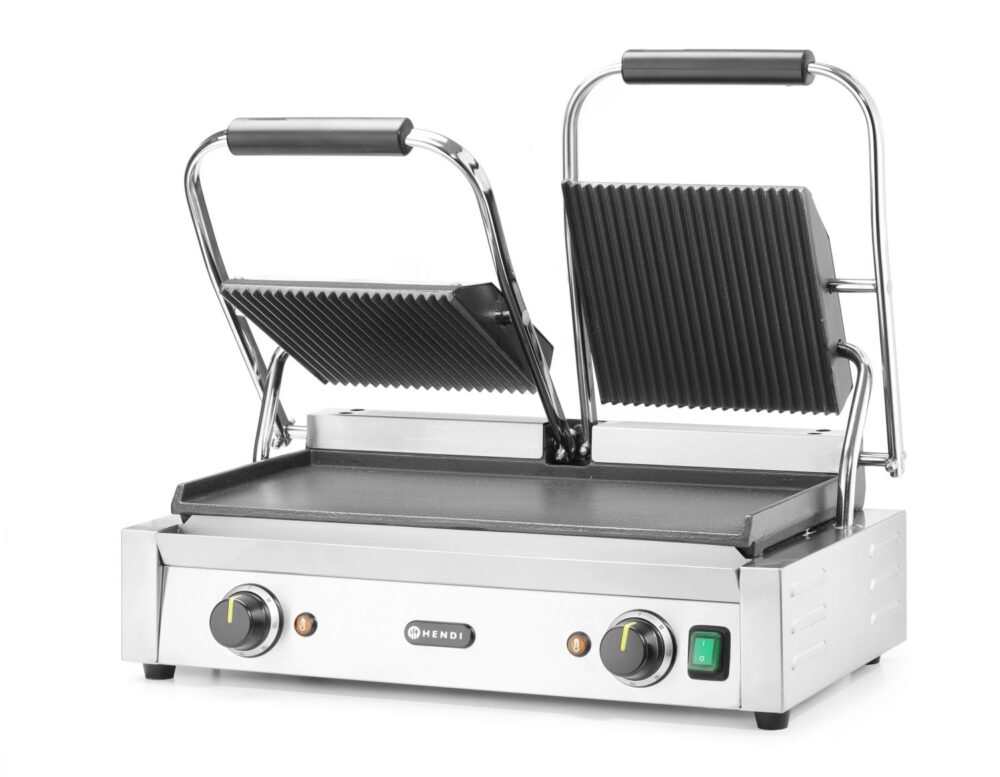 Dvigubas kontaktinis grilis, HENDI, rifliuotas viršus ir lygi apačia, 230V/3600W, 570x375x(H)216mm