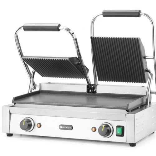 Dvigubas kontaktinis grilis, HENDI, rifliuotas viršus ir lygi apačia, 230V/3600W, 570x375x(H)216mm