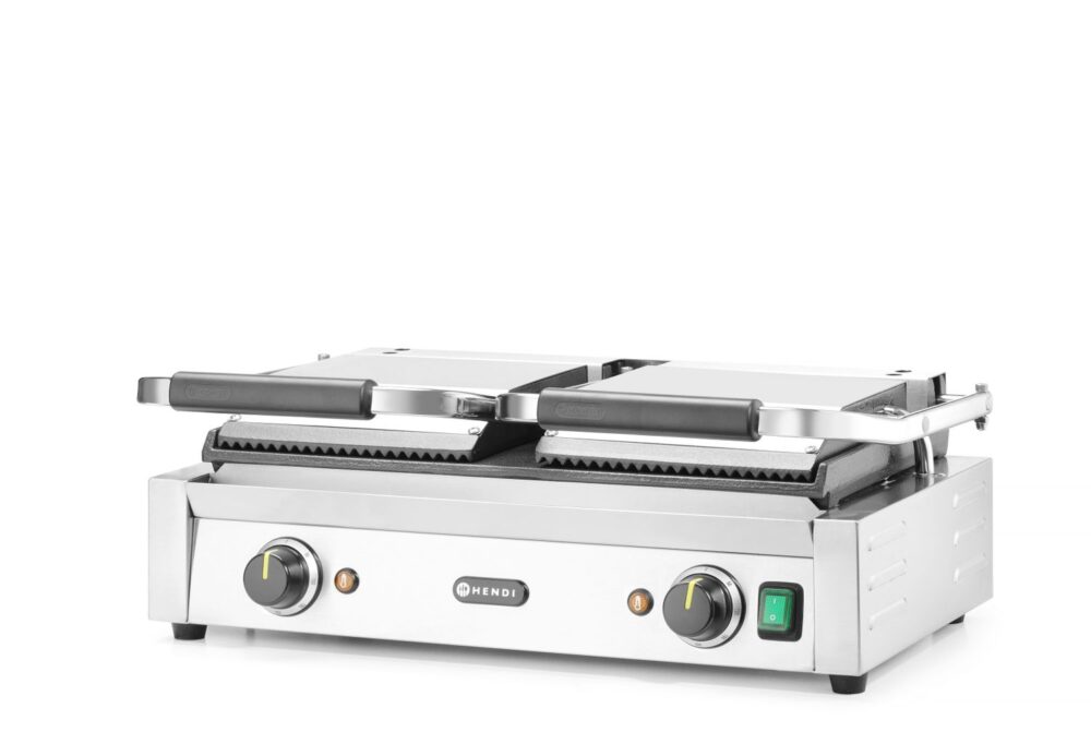 Dvigubas kontaktinis grilis, HENDI, rifliuotas viršus ir lygi apačia, 230V/3600W, 570x375x(H)216mm