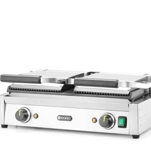 Dvigubas kontaktinis grilis, HENDI, rifliuotas viršus ir lygi apačia, 230V/3600W, 570x375x(H)216mm