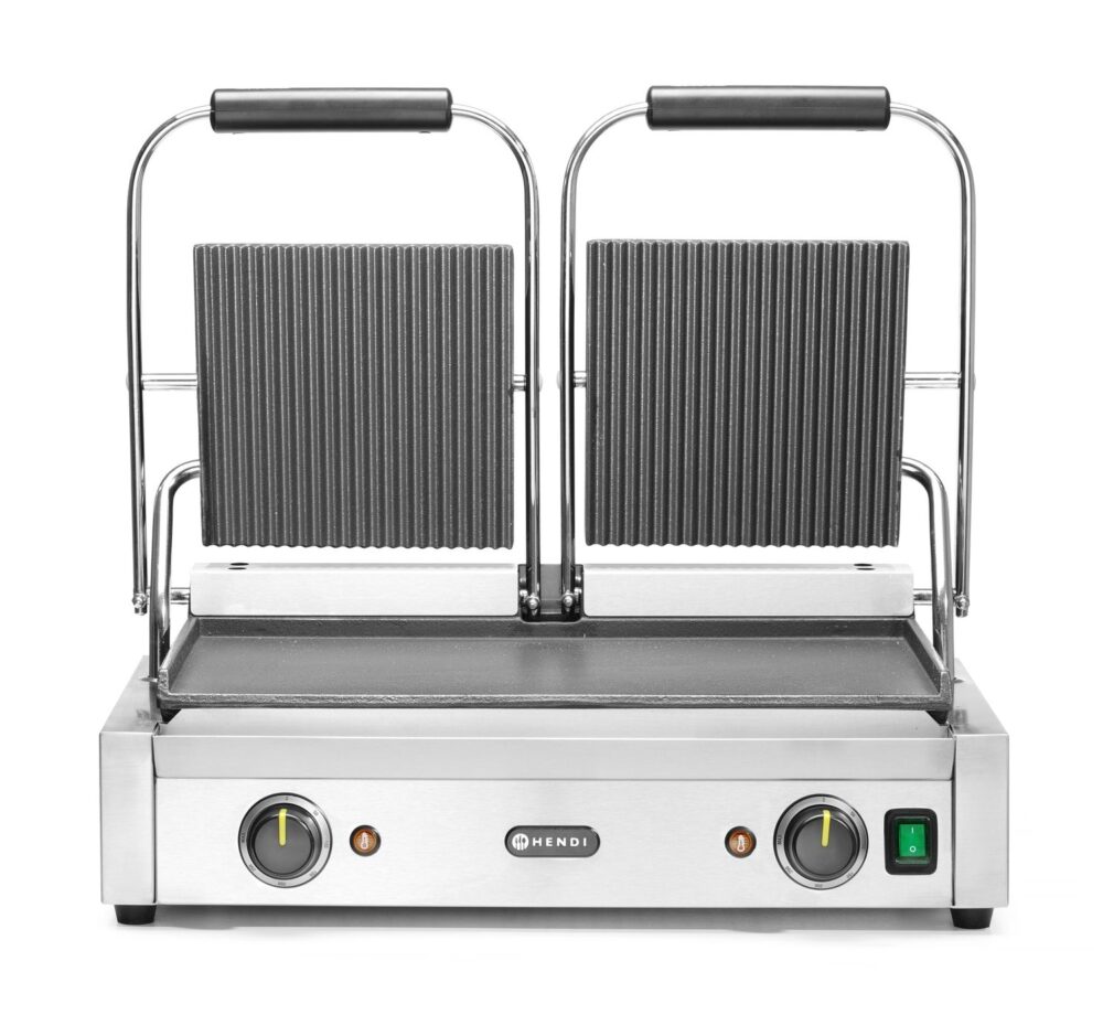 Dvigubas kontaktinis grilis, HENDI, rifliuotas viršus ir lygi apačia, 230V/3600W, 570x375x(H)216mm