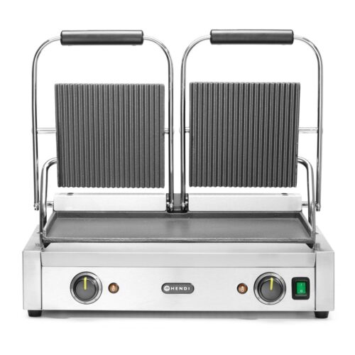 Dvigubas kontaktinis grilis, HENDI, rifliuotas viršus ir lygi apačia, 230V/3600W, 570x375x(H)216mm