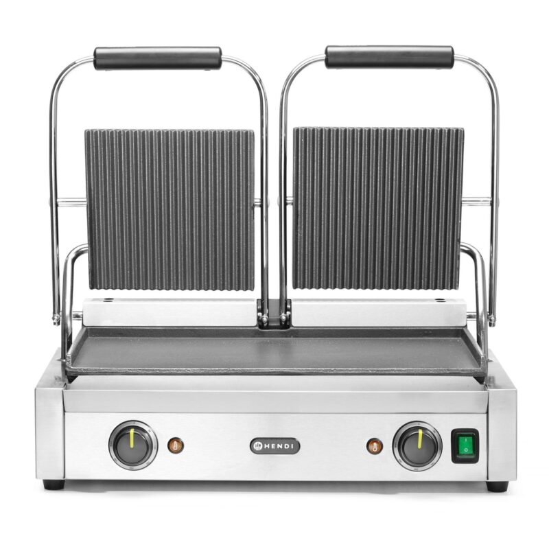 Dvigubas kontaktinis grilis, HENDI, rifliuotas viršus ir lygi apačia, 230V/3600W, 570x375x(H)216mm