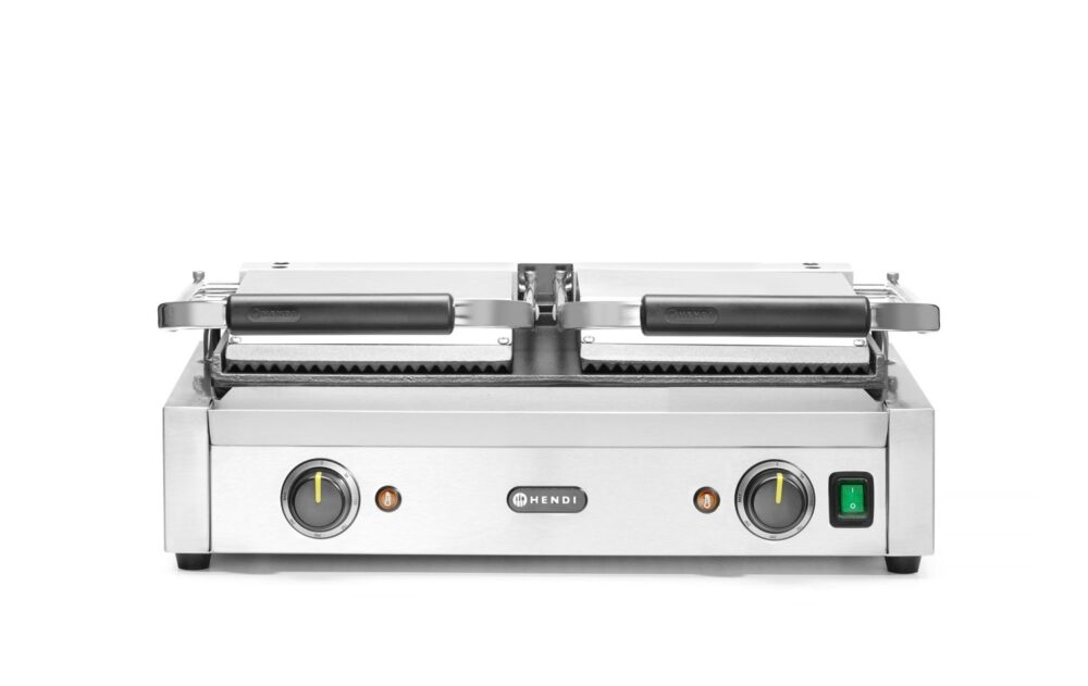 Dvigubas kontaktinis grilis, HENDI, rifliuotas viršus ir lygi apačia, 230V/3600W, 570x375x(H)216mm
