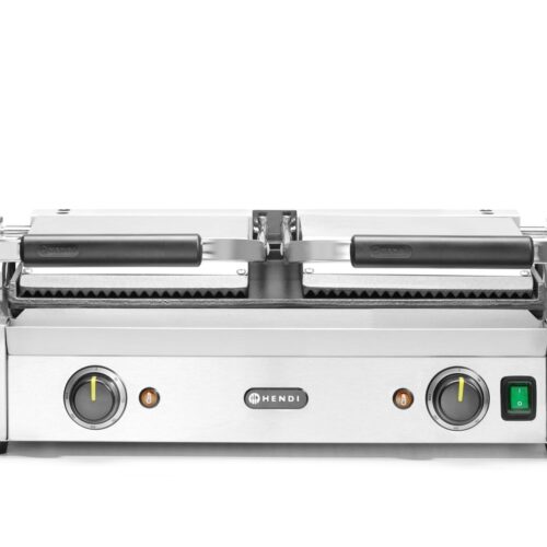Dvigubas kontaktinis grilis, HENDI, rifliuotas viršus ir lygi apačia, 230V/3600W, 570x375x(H)216mm