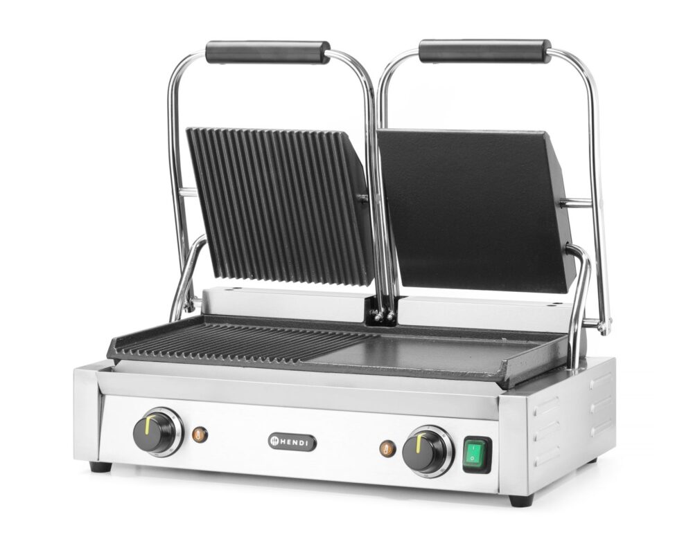 Dvigubas kontaktinis grilis, HENDI, 1/2 lygus, 1/2 rifliuotas, 230V/3600W, 570x375x(H)216mm