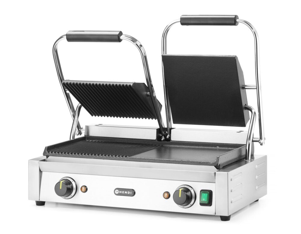 Dvigubas kontaktinis grilis, HENDI, 1/2 lygus, 1/2 rifliuotas, 230V/3600W, 570x375x(H)216mm