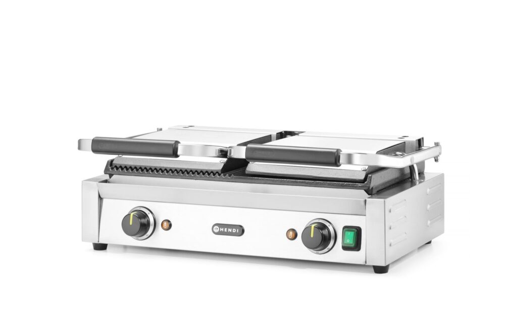 Dvigubas kontaktinis grilis, HENDI, 1/2 lygus, 1/2 rifliuotas, 230V/3600W, 570x375x(H)216mm