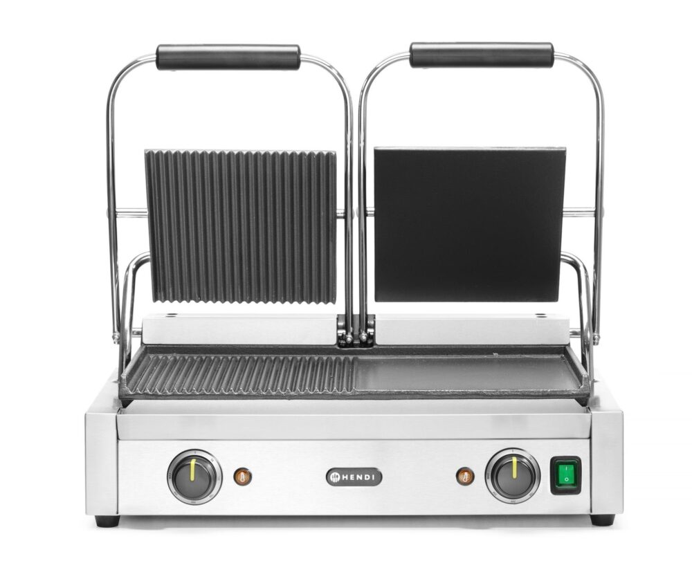 Dvigubas kontaktinis grilis, HENDI, 1/2 lygus, 1/2 rifliuotas, 230V/3600W, 570x375x(H)216mm