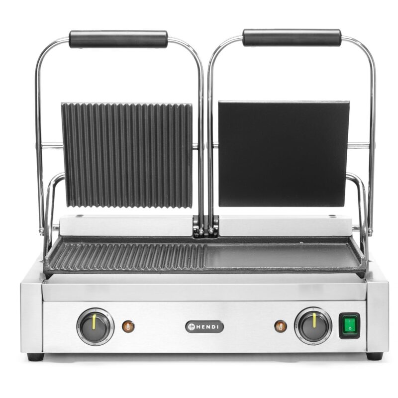 Dvigubas kontaktinis grilis, HENDI, 1/2 lygus, 1/2 rifliuotas, 230V/3600W, 570x375x(H)216mm