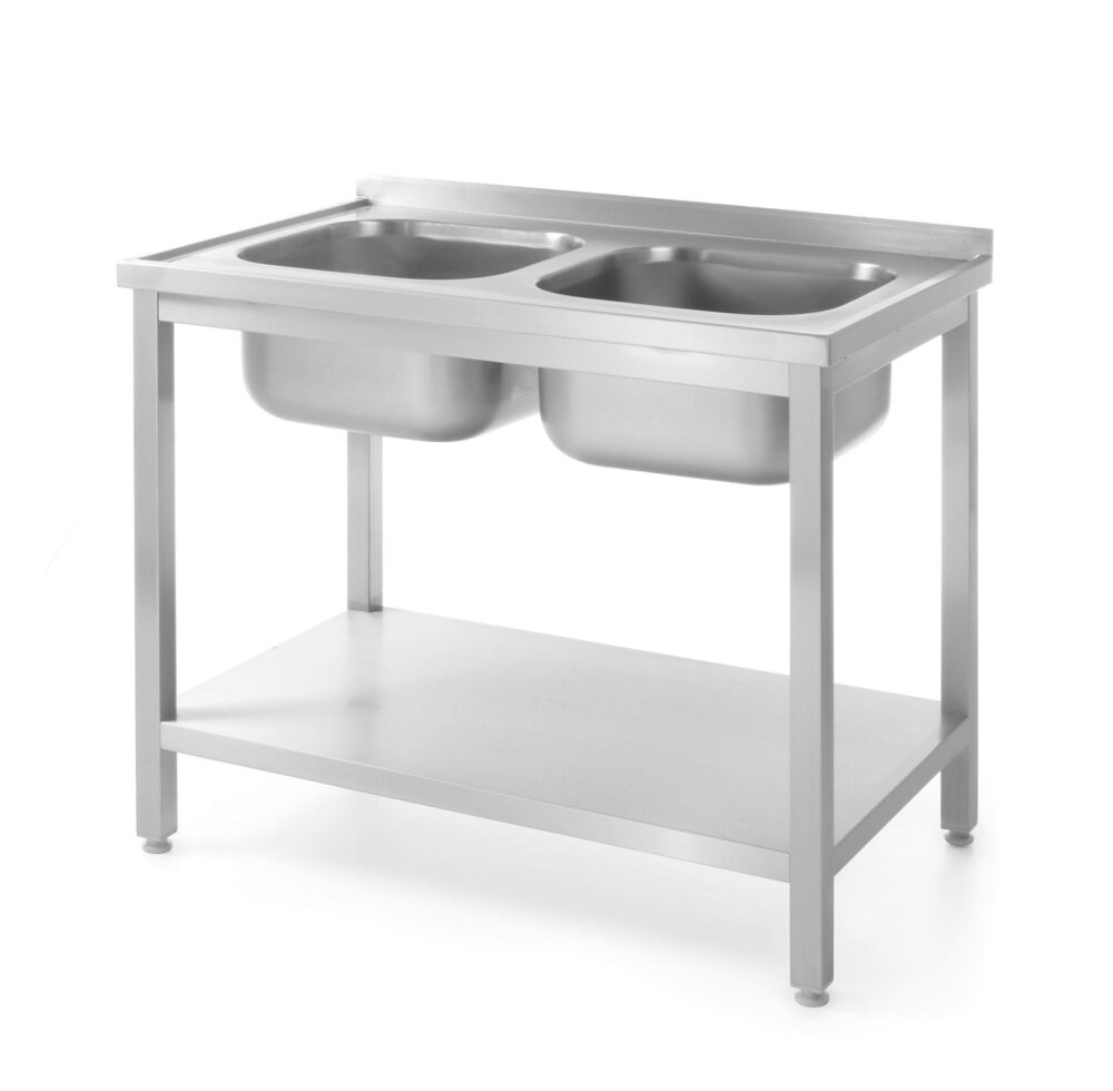 Stalas su 2 kriauklėmis ir lentyna – susukamas varžtais, gylis 600 mm, HENDI, Profi Line, 1000x600x(H)850mm