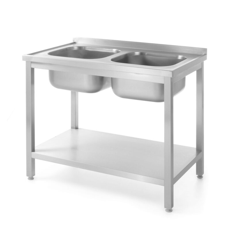 Stalas su 2 kriauklėmis ir lentyna – susukamas varžtais, gylis 600 mm, HENDI, Profi Line, 1000x600x(H)850mm