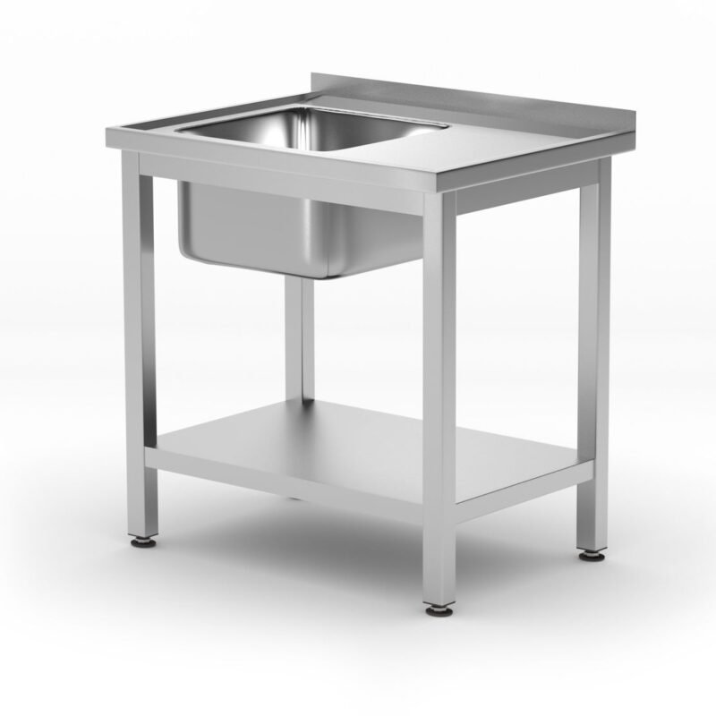 Stalas su plovimo vonia ir lentyna – susukamas varžtais, gylis 600 mm, HENDI, Profi Line, Kairioji pusė, 800x600x(H)850mm