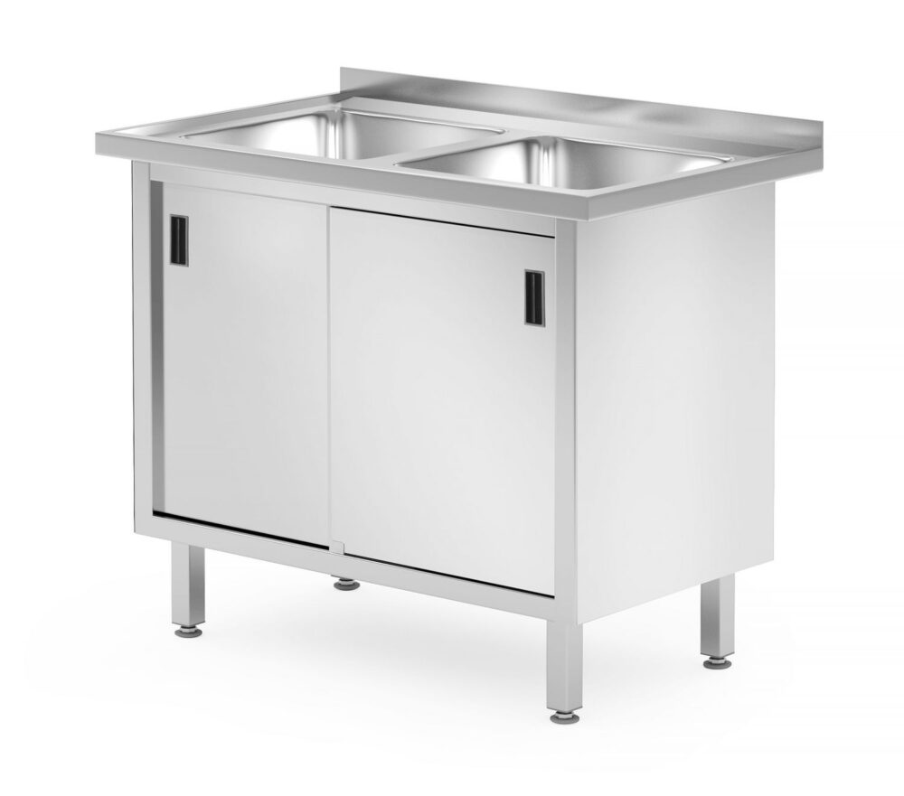 Stalas su 2 kriauklėmis ir spintele stumdomomis durimis – suvirintas, HENDI, Profi Line, 1000x600x(H)850mm