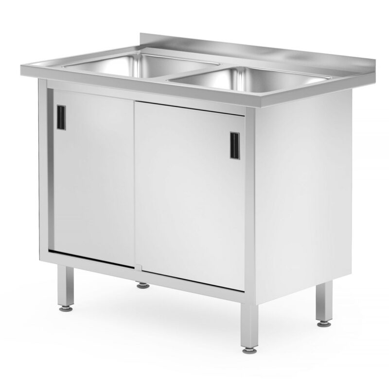 Stalas su 2 kriauklėmis ir spintele stumdomomis durimis – suvirintas, HENDI, Profi Line, 1000x600x(H)850mm