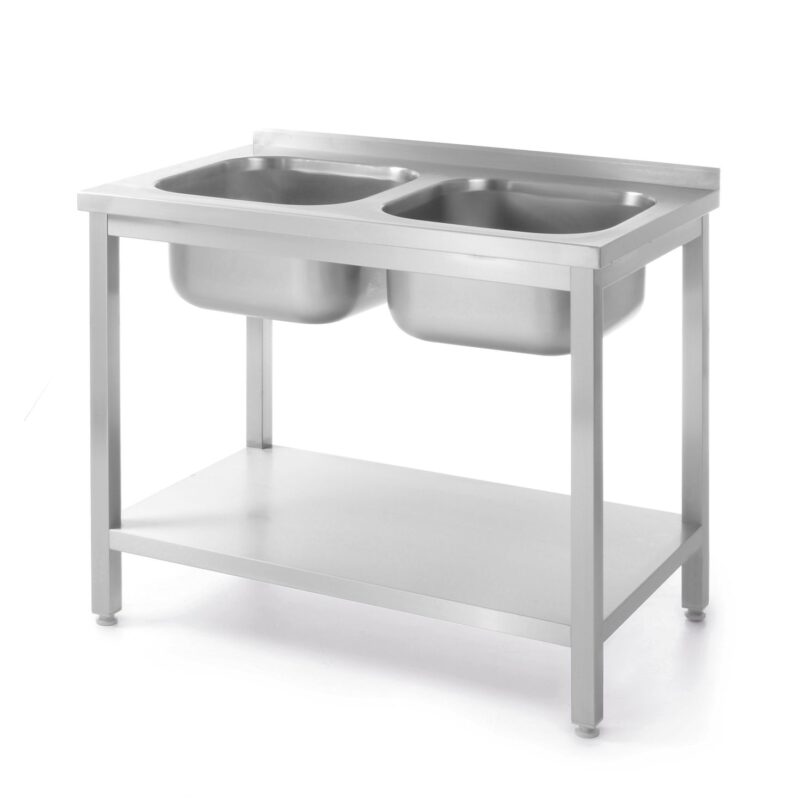 Stalas su 2 kriauklėmis ir lentyna, tvirtinamas varžtais, HENDI, Kitchen Line, dvi plautuvės, 1000x600x(H)850mm