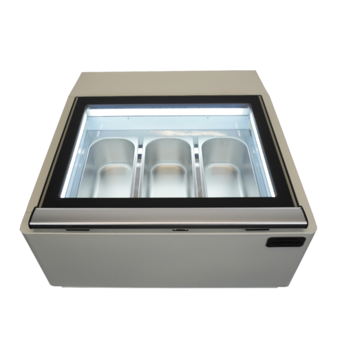 COUNTERTOP MODEL ICE CREAM DISPLAY WHITE  OPENS ON THE OPERATING SIDE