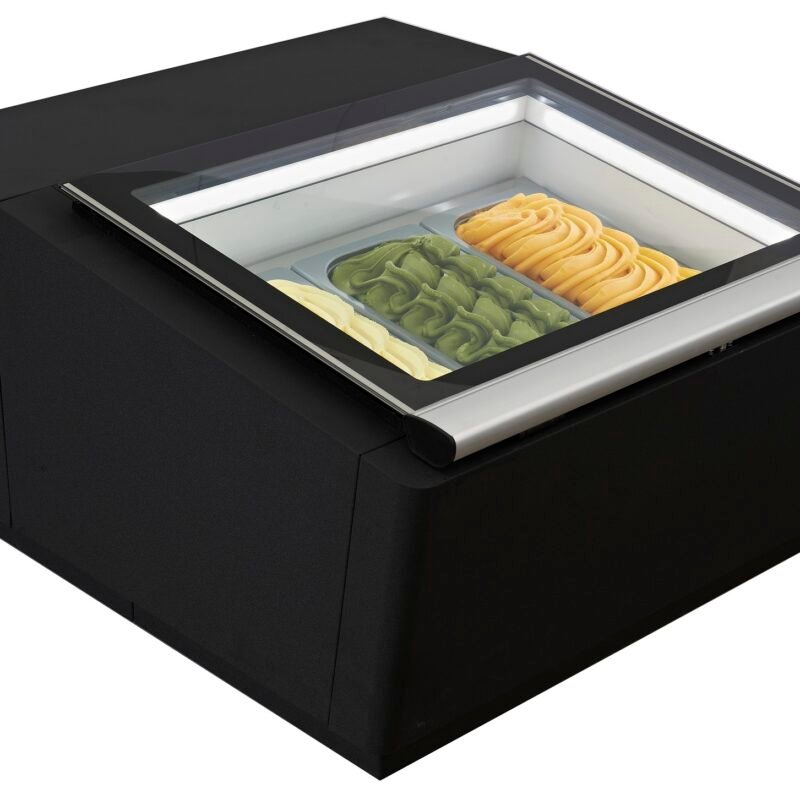 COUNTERTOP MODEL ICE CREAM DISPLAY BLACK  OPENS ON THE OPERATING SIDE