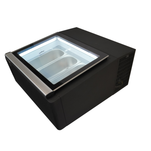 COUNTERTOP MODEL ICE CREAM DISPLAY BLACK  OPENS ON THE OPERATING SIDE