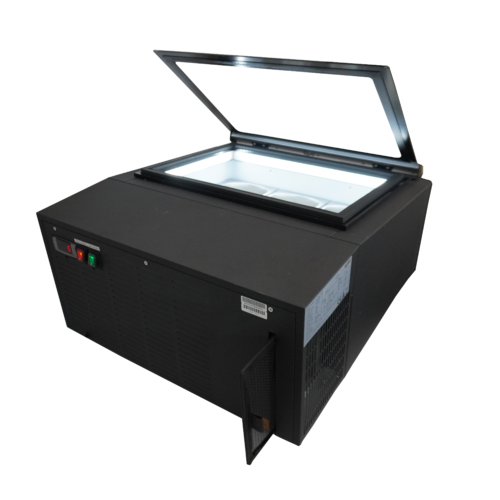 COUNTERTOP MODEL ICE CREAM DISPLAY BLACK  OPENS ON THE OPERATING SIDE