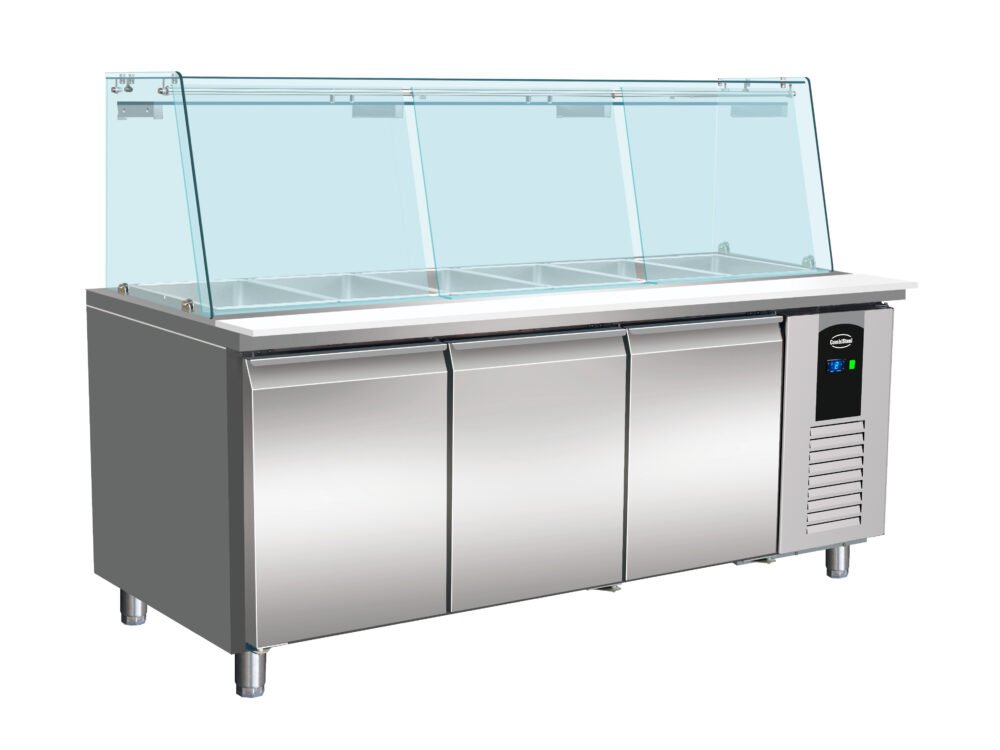REFRIGERATED COUNTER WITH GLASS COVER 3 DOORS  5X 1/1 GN CONTAINER