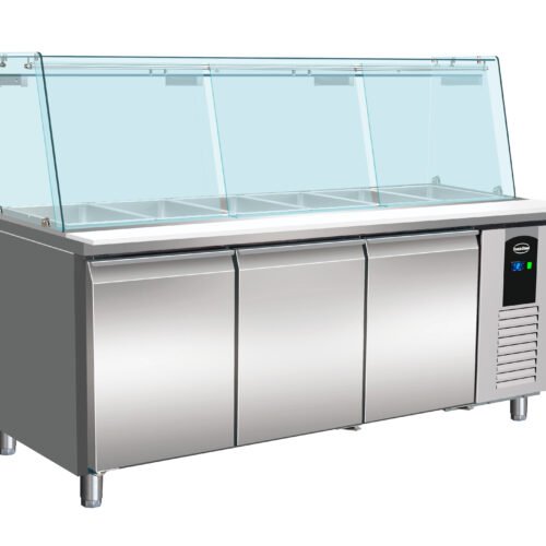 REFRIGERATED COUNTER WITH GLASS COVER 3 DOORS  5X 1/1 GN CONTAINER