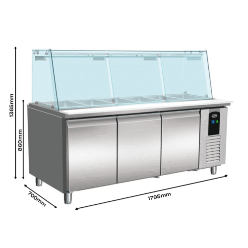 REFRIGERATED COUNTER WITH GLASS COVER 3 DOORS  5X 1/1 GN CONTAINER