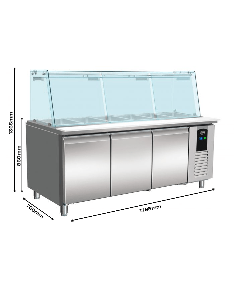 REFRIGERATED COUNTER WITH GLASS COVER 3 DOORS  5X 1/1 GN CONTAINER