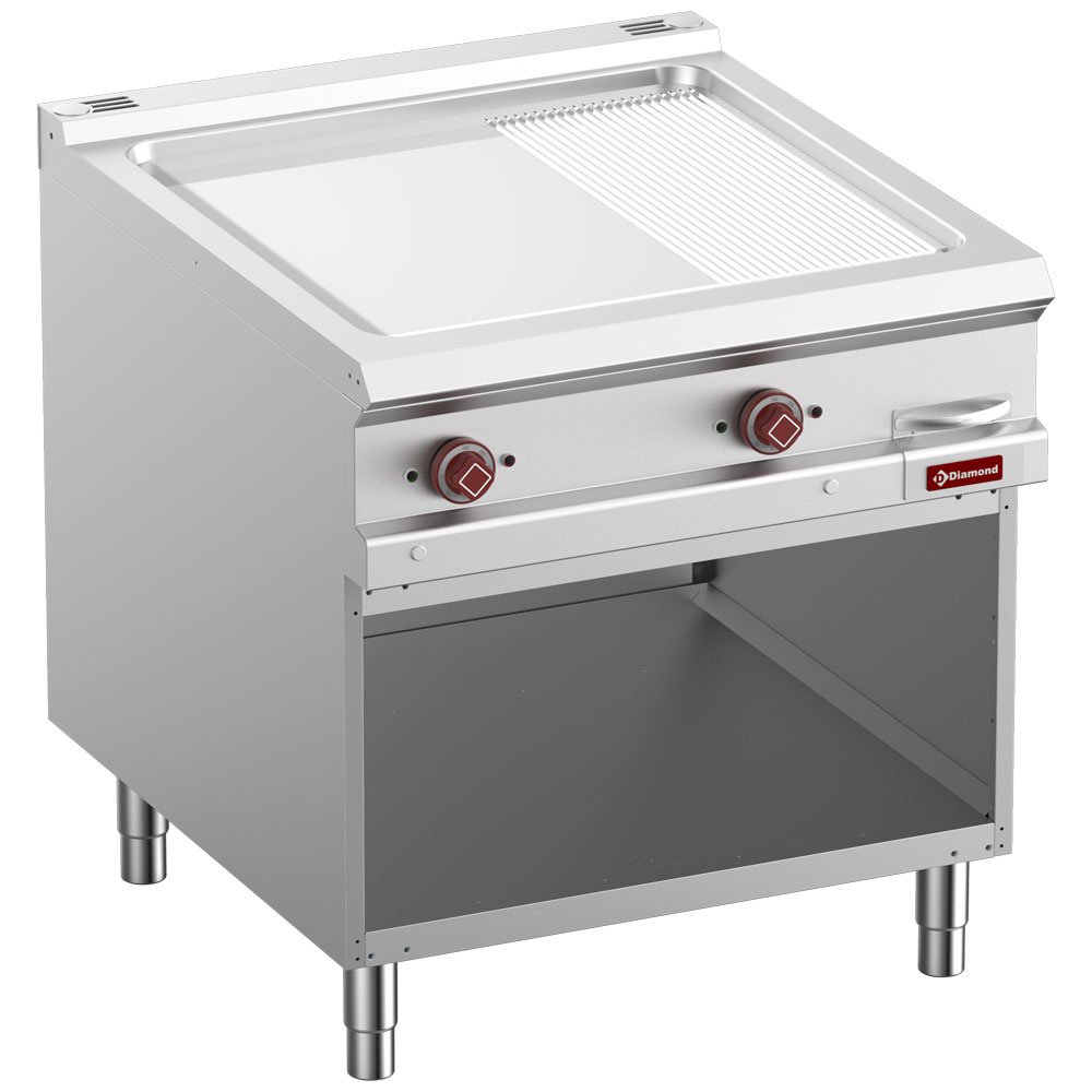 Elektrinė keptuvė 2/3 lygi ir 1/3 su grioveliais, chromuota, mod. 1/1, atvira spintelė