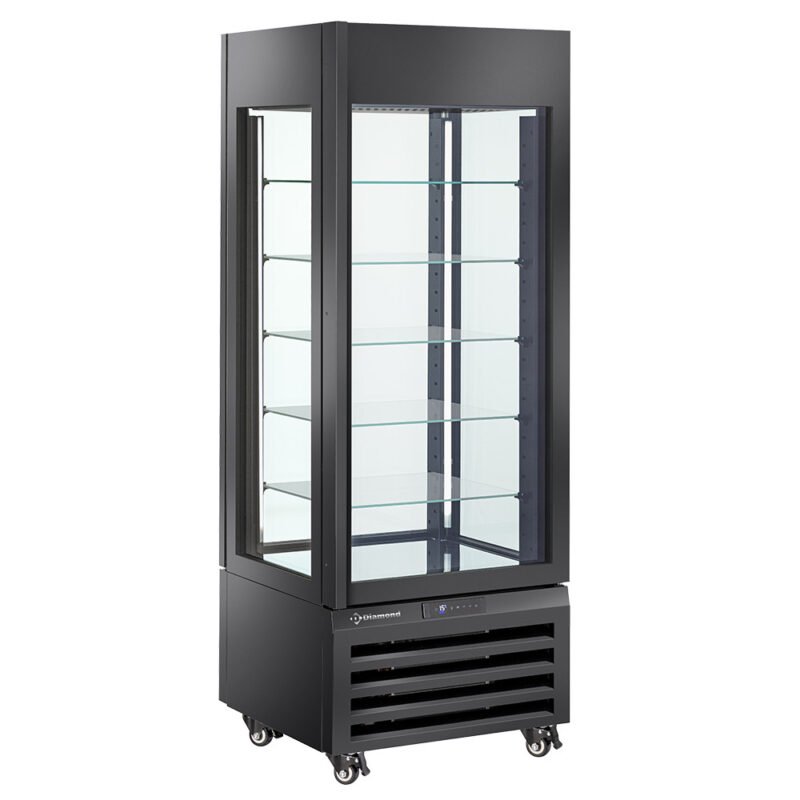 Visiškai stiklinė vitrina, 440 l, 5 stikliniai lygiai, vėdinama – ŠOKOLADINĖ – JUODA