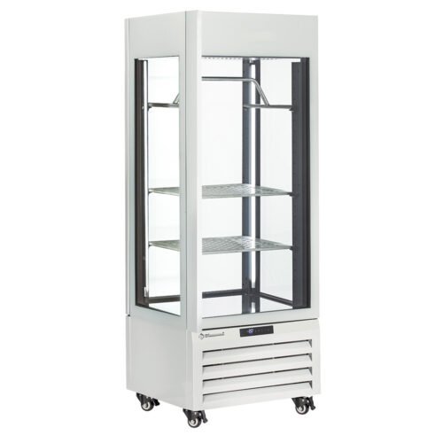 001-MAX_507-MW-big Visiškai stiklinė vitrina, 440 l, 2 lentynos ir mėsos laikiklis, ventiliuojama – MĖSA – BALTA