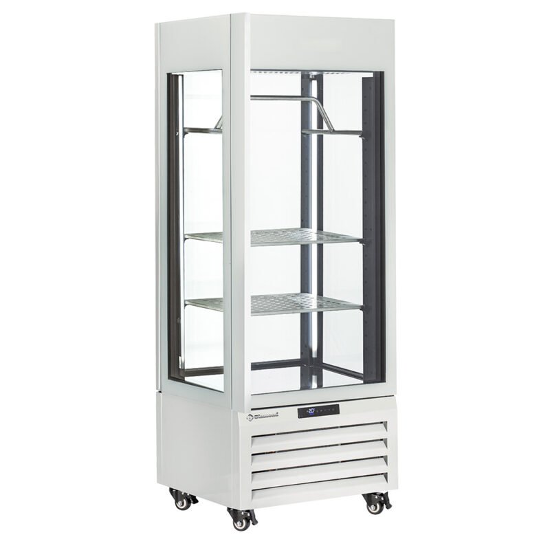 001-MAX_507-MW-big Visiškai stiklinė vitrina, 440 l, 2 lentynos ir mėsos laikiklis, ventiliuojama – MĖSA – BALTA