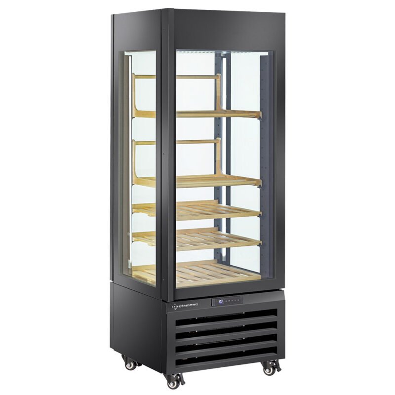 001-MAX_507-VB2-big Visiškai stiklinė vitrina, 440 l, 1 lygis + 4 lentynos, ventiliuojama – VYNAS – JUODA