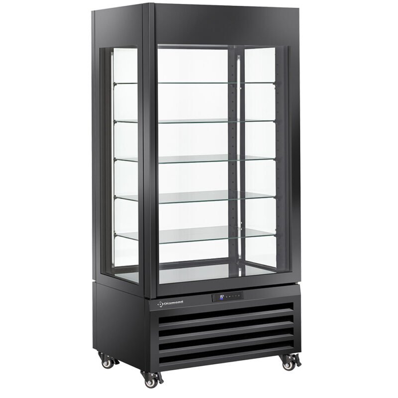 Visiškai stiklinė vitrina, 600 l, 5 stikliniai lygiai, vėdinama – ŠOKOLADINĖ – JUODA