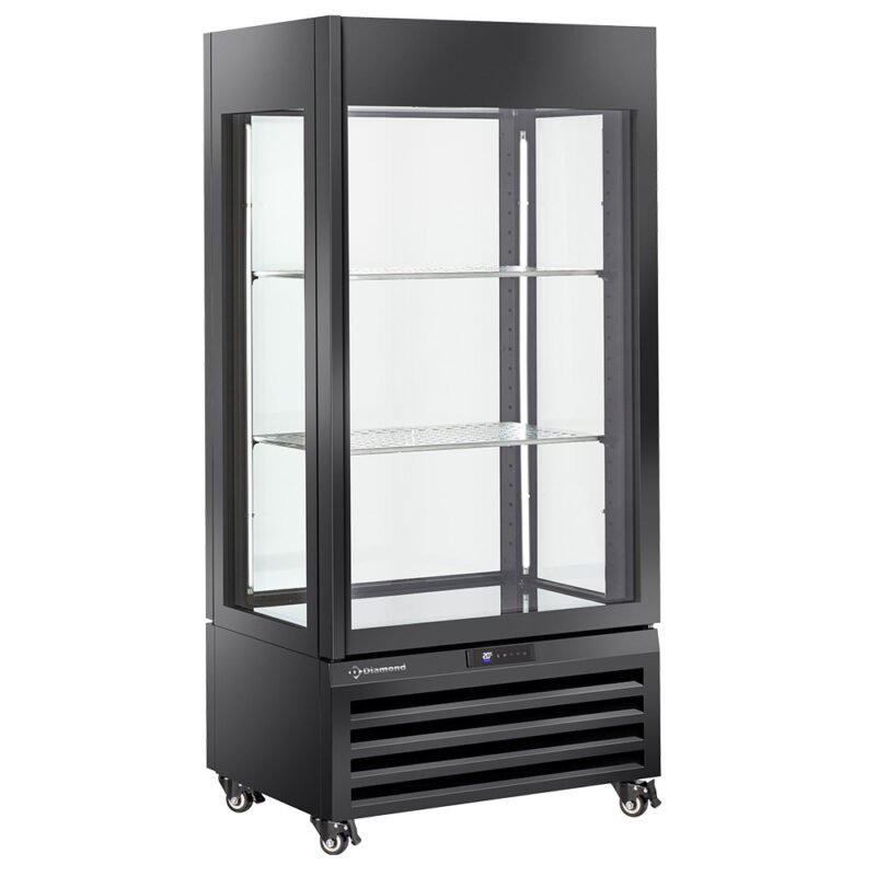 001-MAX_609-VB-big Visiškai stiklinė vitrina, 600 l, 1 lygis + 2 lentynos, vėdinama – VYNAS – JUODA