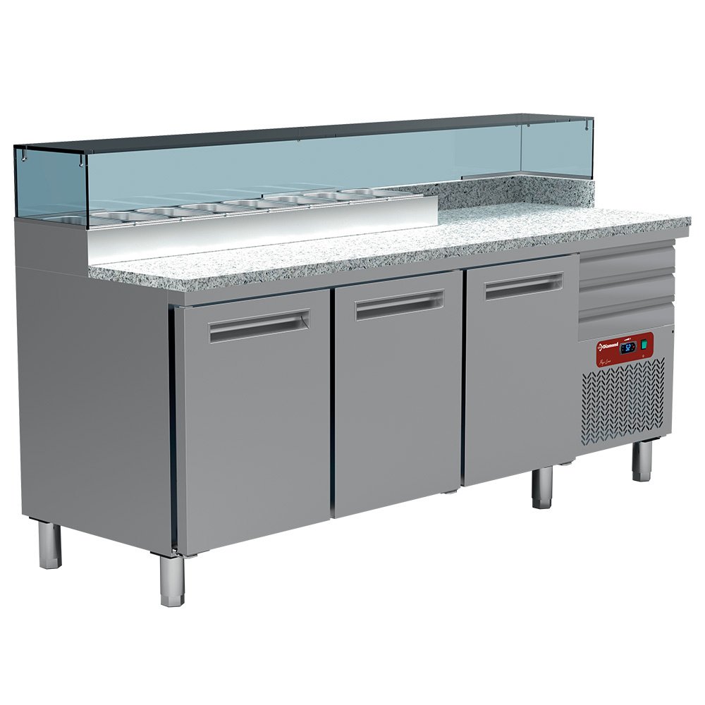 Pizzerijos šaldymo stalas, 3 durys 600x400, 3 neutralios stalčiaus 600x400, šaldymo kamera 8x GN 1/4