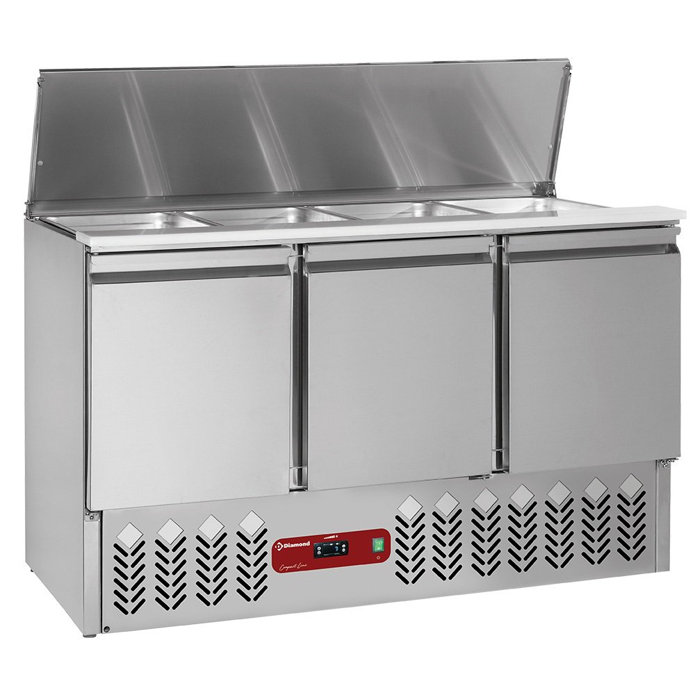 Šaldoma salotų vitrina su dangčiu 4x GN 1/1 – 150 mm + atsarginė 3 durų GN 1/1, 380 l